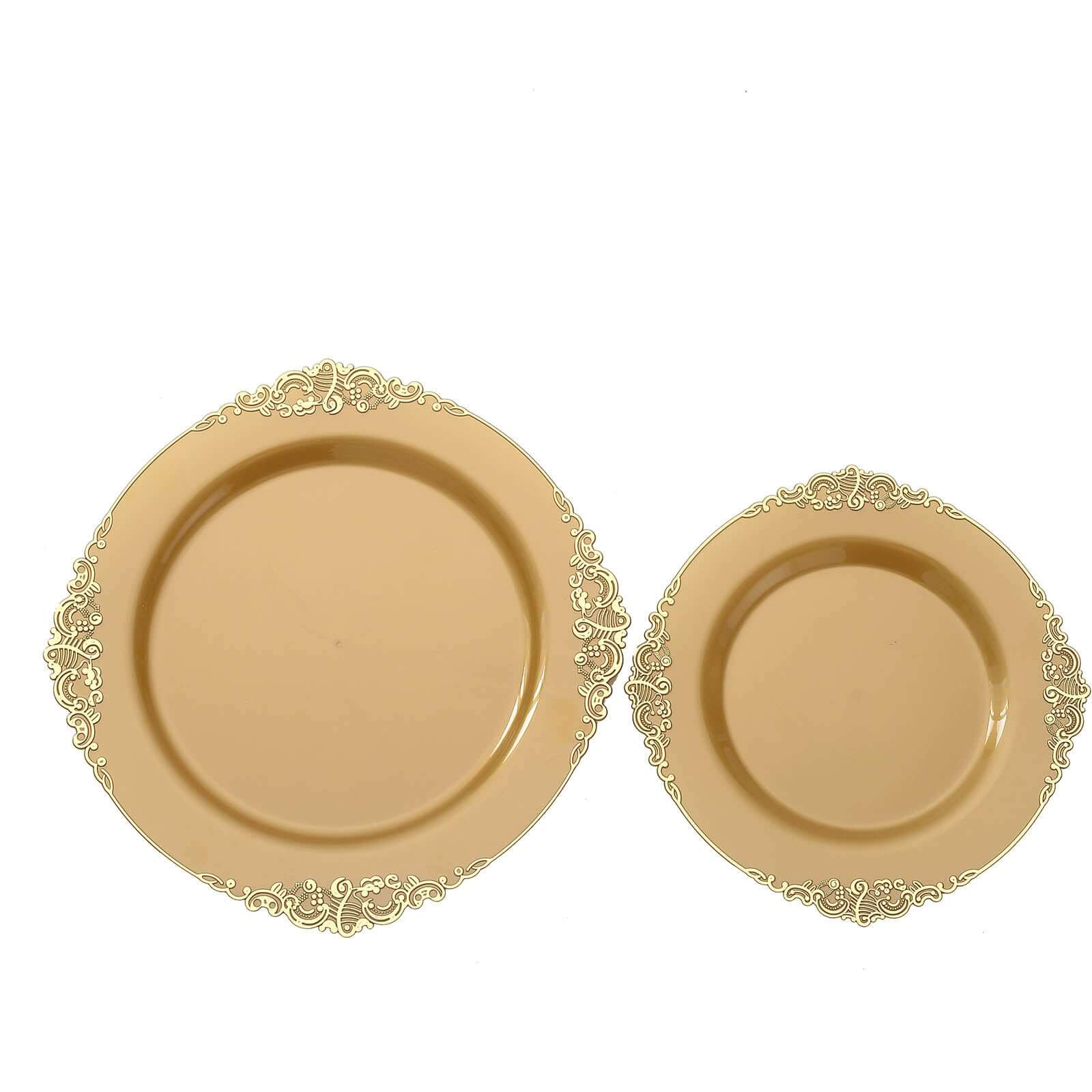 10-Pack Plastic 8" Round Dessert Plates in Gold with Leaf Embossed Rim - Disposable Vintage Baroque Style Salad Plates for Luxurious Gatherings & Events