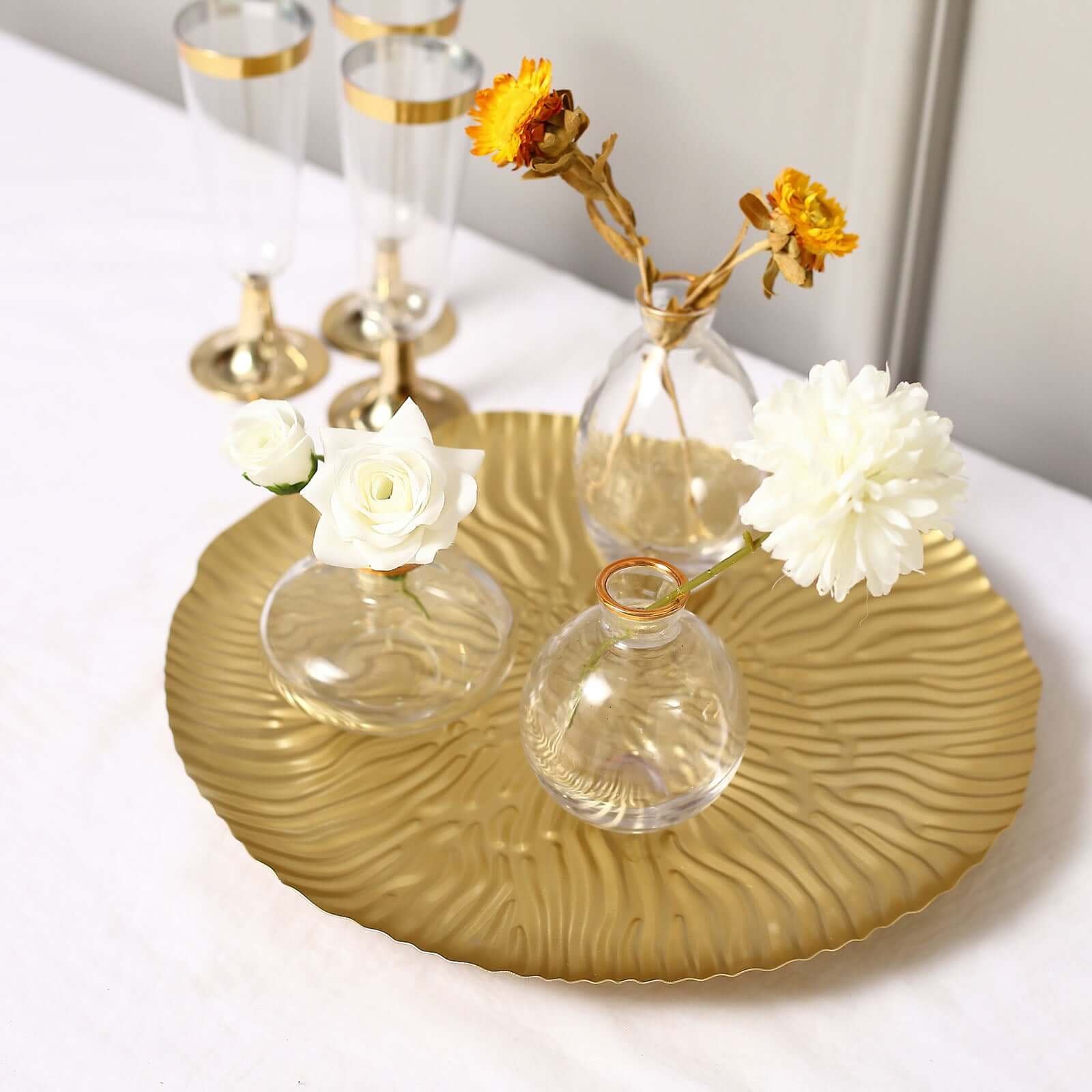 Metal Round Serving Tray 12" in Gold Floral Pattern with Wavy Rim, Pedestal Dessert Display with Hairpin Legs