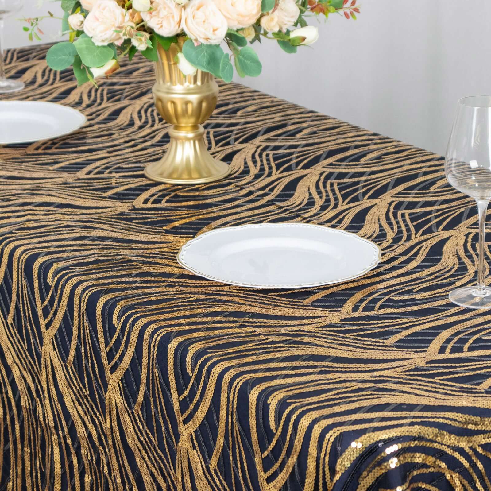 Mesh 90"x156" Rectangle Tablecloth Black/Gold - Wave Sequin Embroidered Table Cover