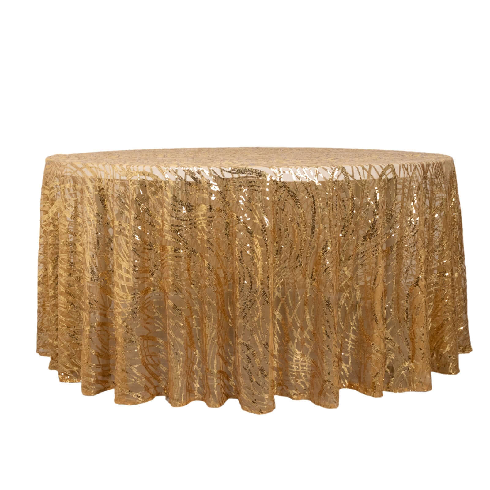 Sequin Mesh 120" Round Tablecloth Gold - Seamless Wave Embroidered Design for Stylish Events