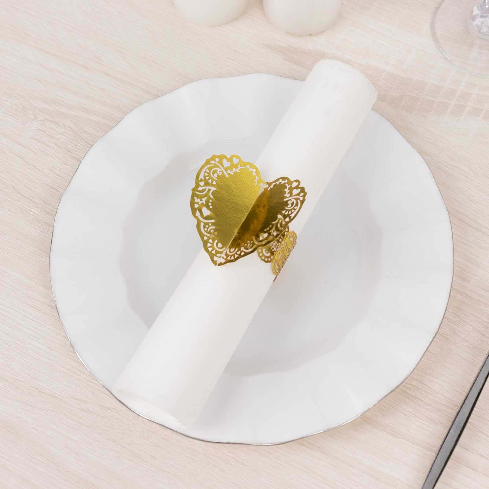 12 Pack Metallic Gold Foil Laser Cut Heart Paper Napkin Holders with Lace Pattern, Disposable Napkin Rings Bands