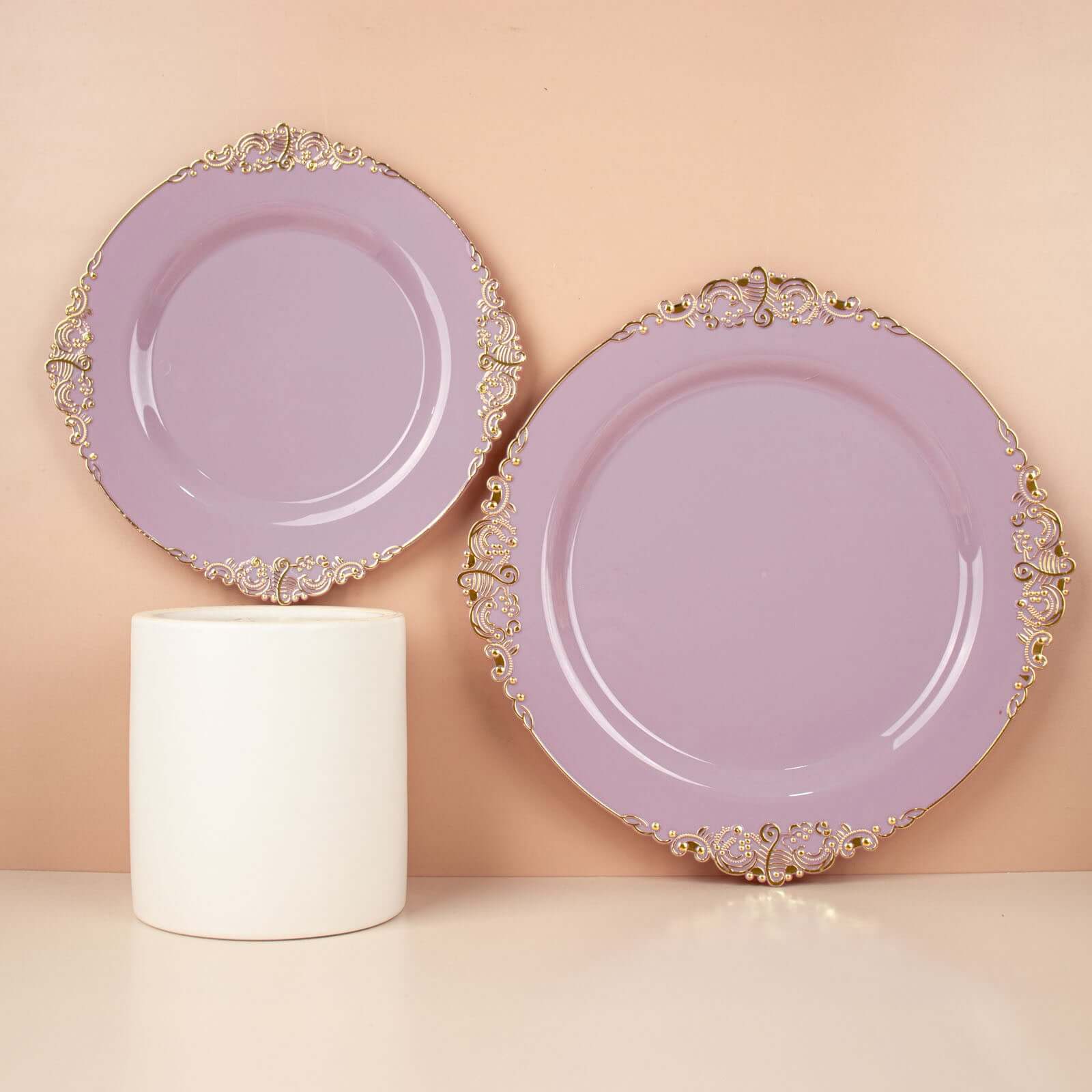 10-Pack Plastic 8" Round Dessert Plates in Lavender Lilac with Gold Leaf Embossed Rim - Disposable Vintage Baroque Style Salad Plates