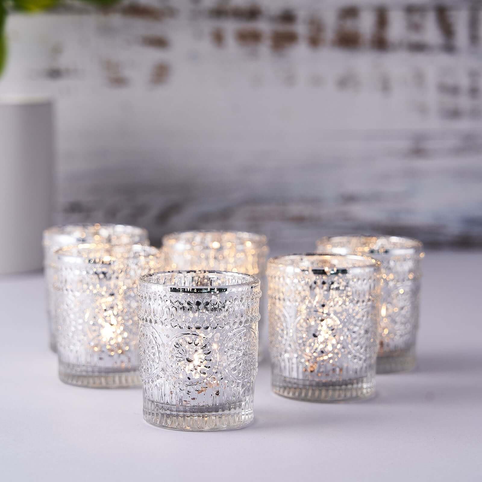 6-Pack Silver Glass Votive Tealight Holders - Stylish Primrose Design for Weddings & Décor