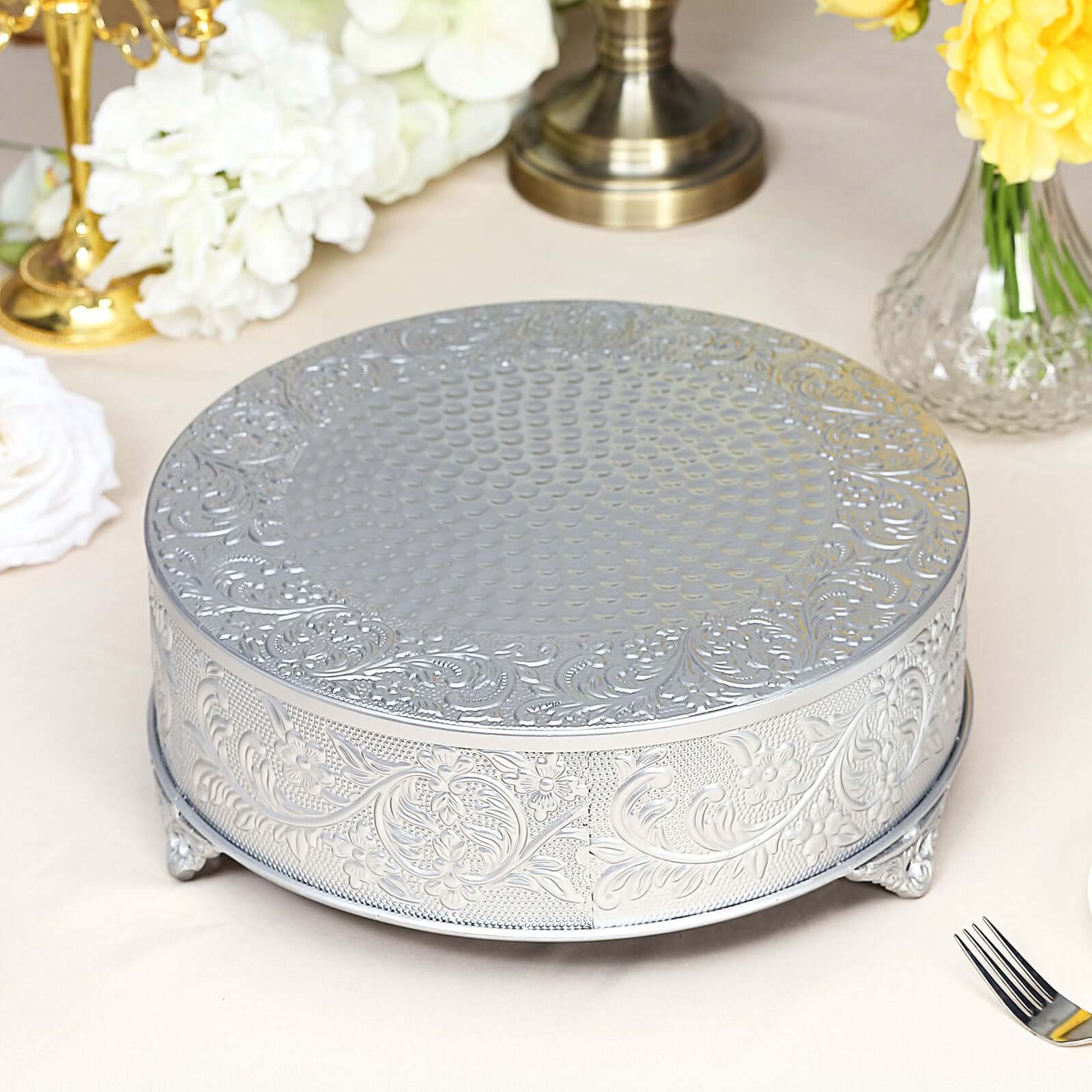 Metal 14" Round Cake Pedestal Stand Matte Silver - Cupcake Dessert Display Riser with Intricate Embossed Design for Upscale Events & Gatherings