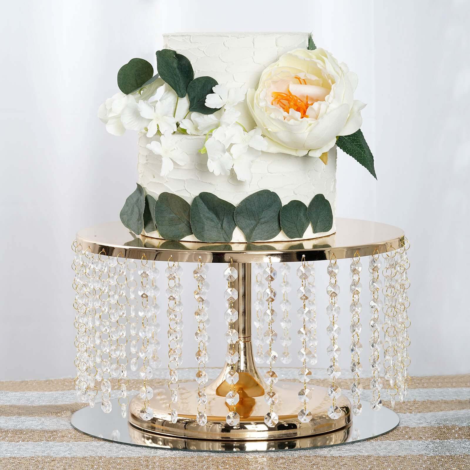 Metal Cake Stand Round Design Metallic Gold with Crystal Chains 14" Dia - Cupcake Dessert Pedestal 8" Tall