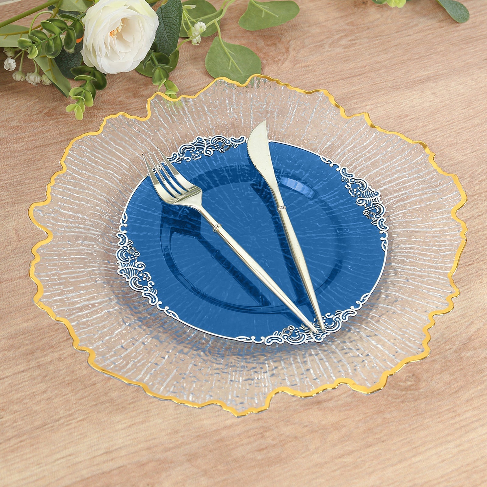 10-Pack Plastic 8" Round Dessert Plates in Transparent Navy Blue with Silver Leaf Embossed Rim - Disposable Vintage Baroque Style Salad Plates