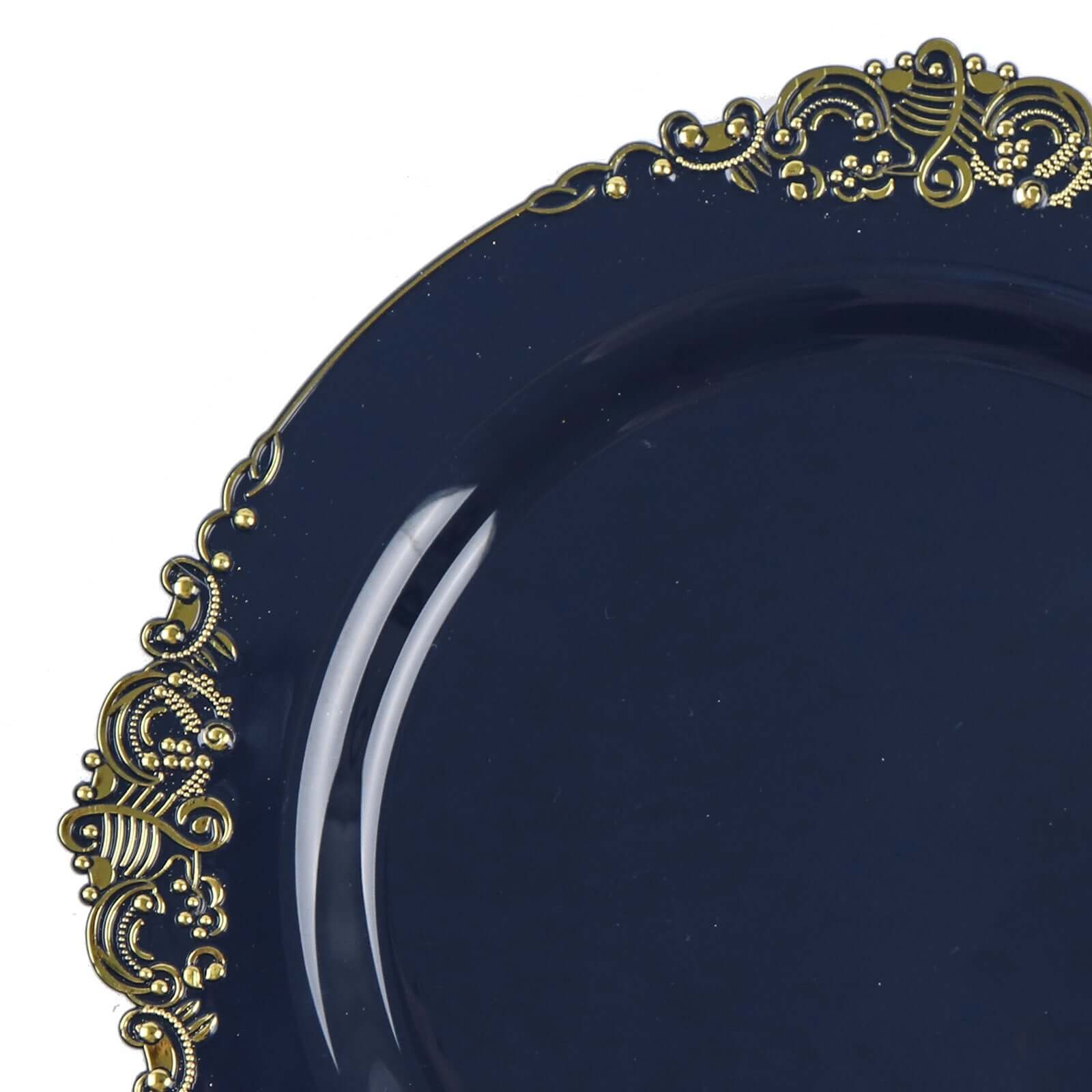 10-Pack Plastic 10" Round Dinner Plates in Navy Blue with Gold Leaf Embossed Rim - Disposable Vintage Baroque Style Plates