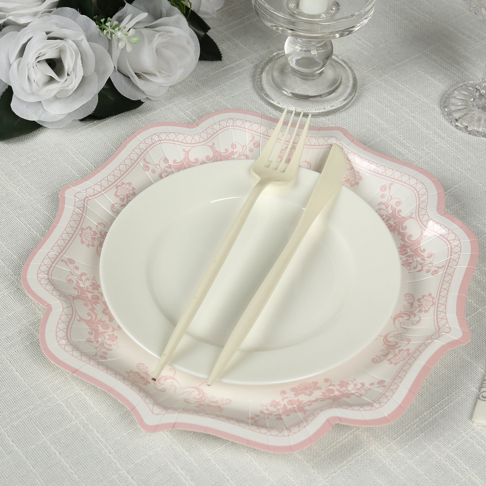 25-Pack Paper Dinner Plates in White Pink Damask Floral Pattern & Scallop Rim - Stylish Disposable 300GSM Floral Party Plates 10"