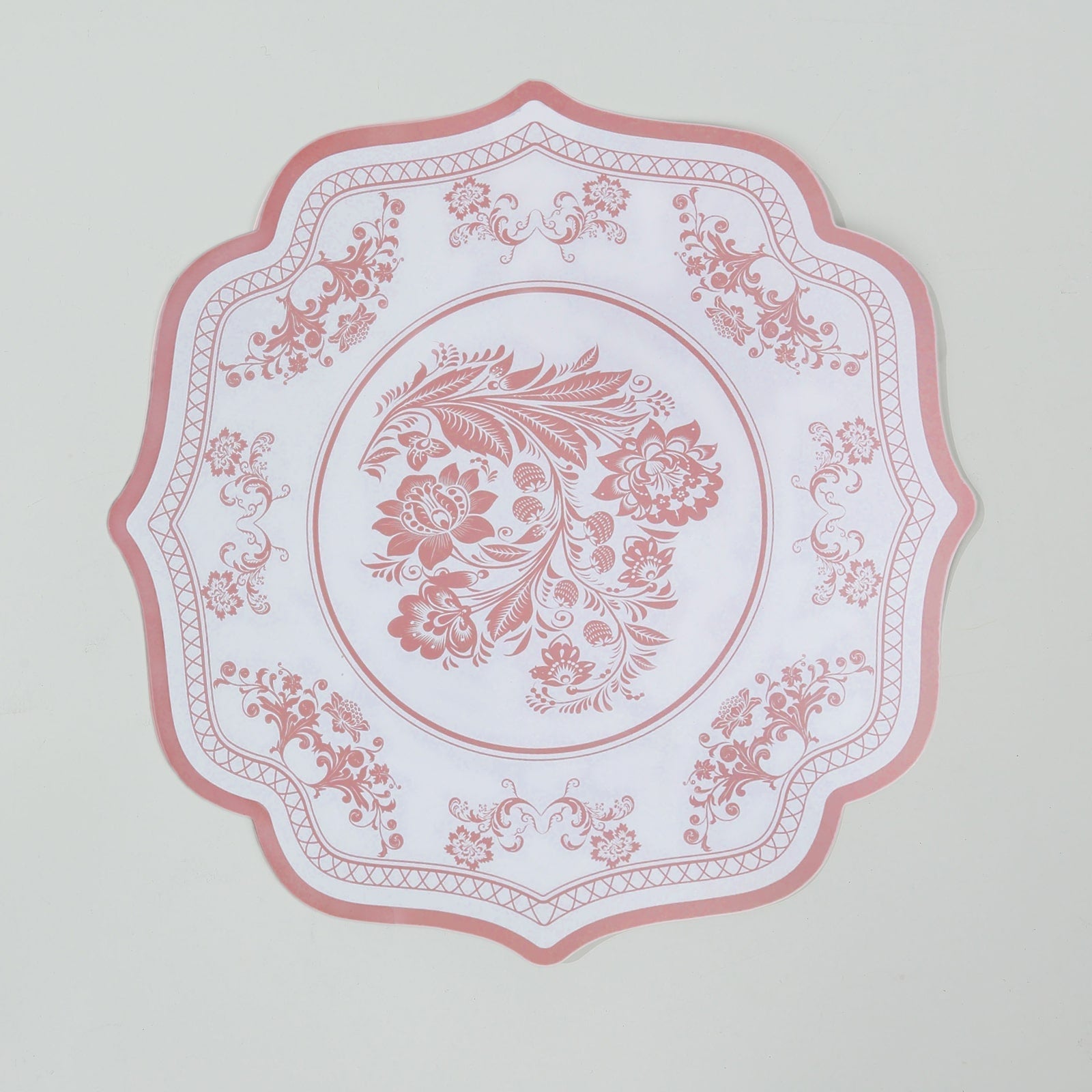10-Pack Disposable Table Placemats 13" Round Placemats in White with Pink Damask Floral Pattern & Scalloped Rim - 400GSM Cardboard Placemats for Stylish Table Setting