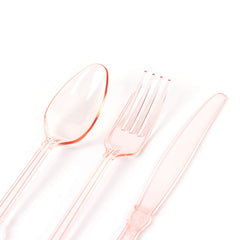 72 Pcs Plastic Silverware Set in Baroque Style Transparent Blush - Heavy Duty Disposable Knife, Fork, and Spoon Set