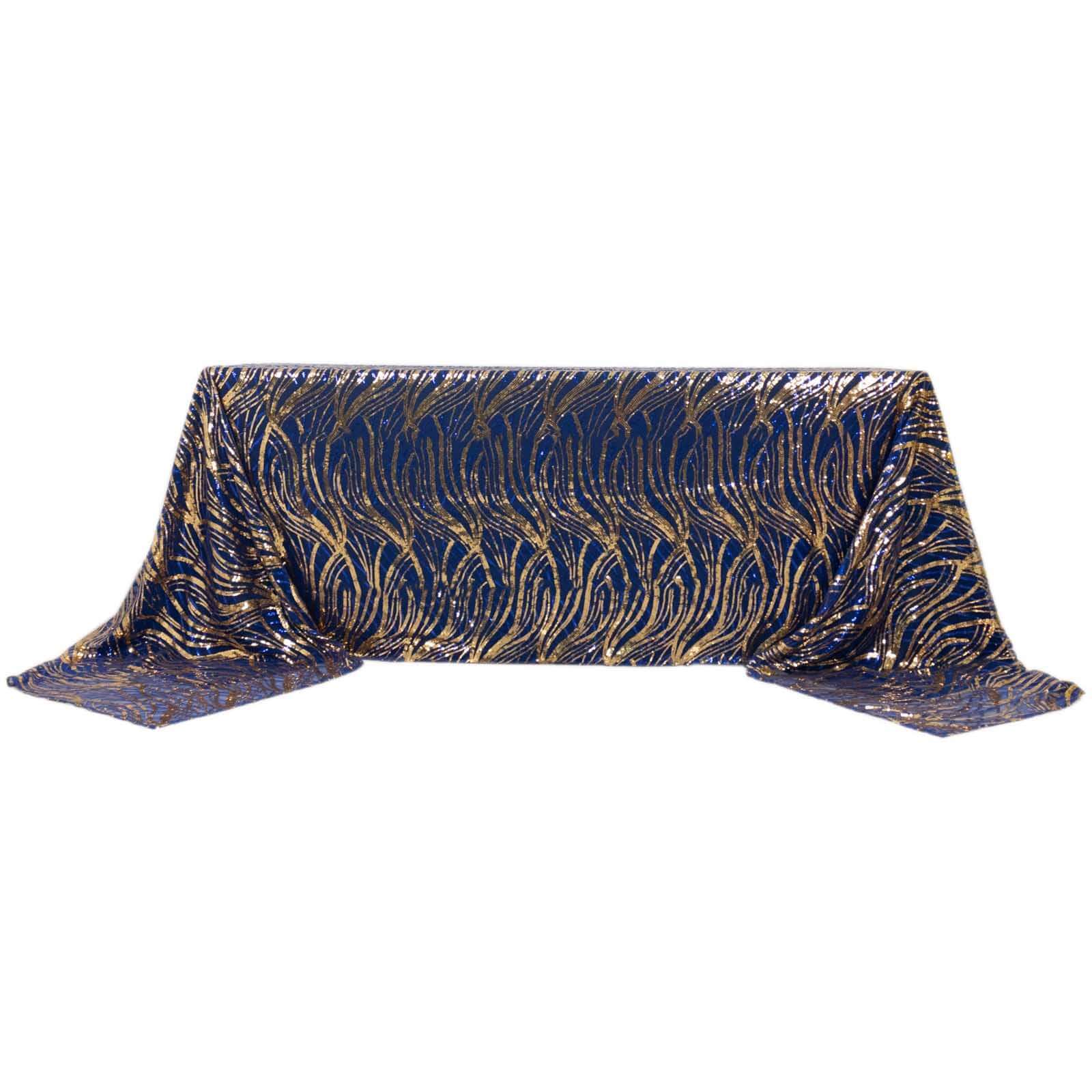 Mesh 90"x156" Rectangle Tablecloth Royal Blue/Gold - Wave Sequin Embroidered Table Cover