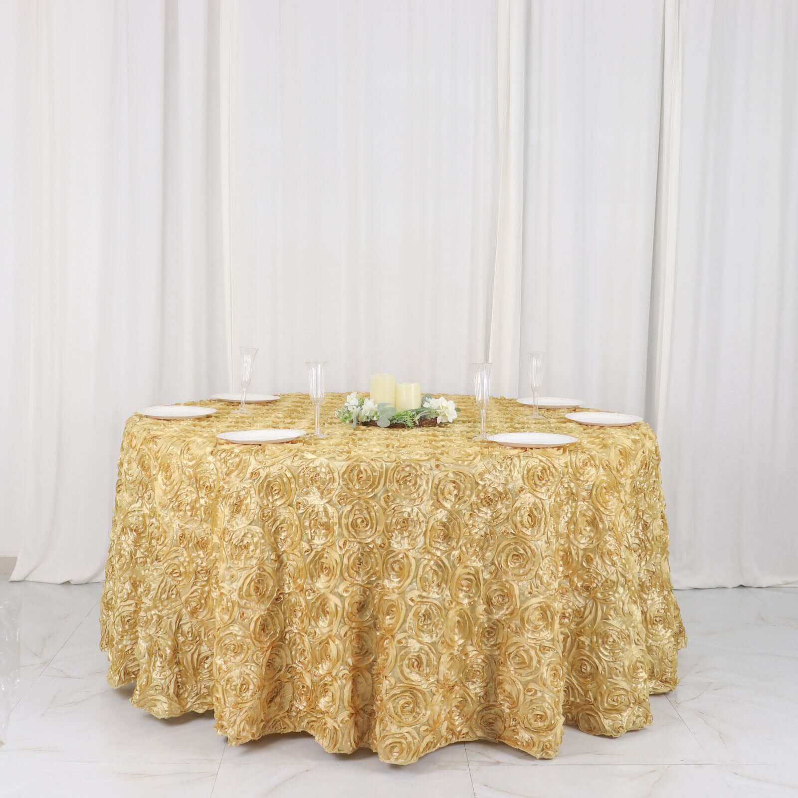Satin 120" Round Tablecloth Champagne - Grandiose 3D Rosette with Seamless Finish Table Cover
