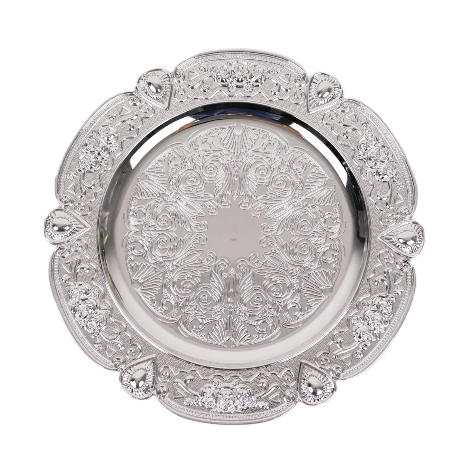 6-Pack Acrylic Round Charger Plates 13" in Silver Floral Embossed with Scalloped Rim, Plastic Decorative Charger Tableware