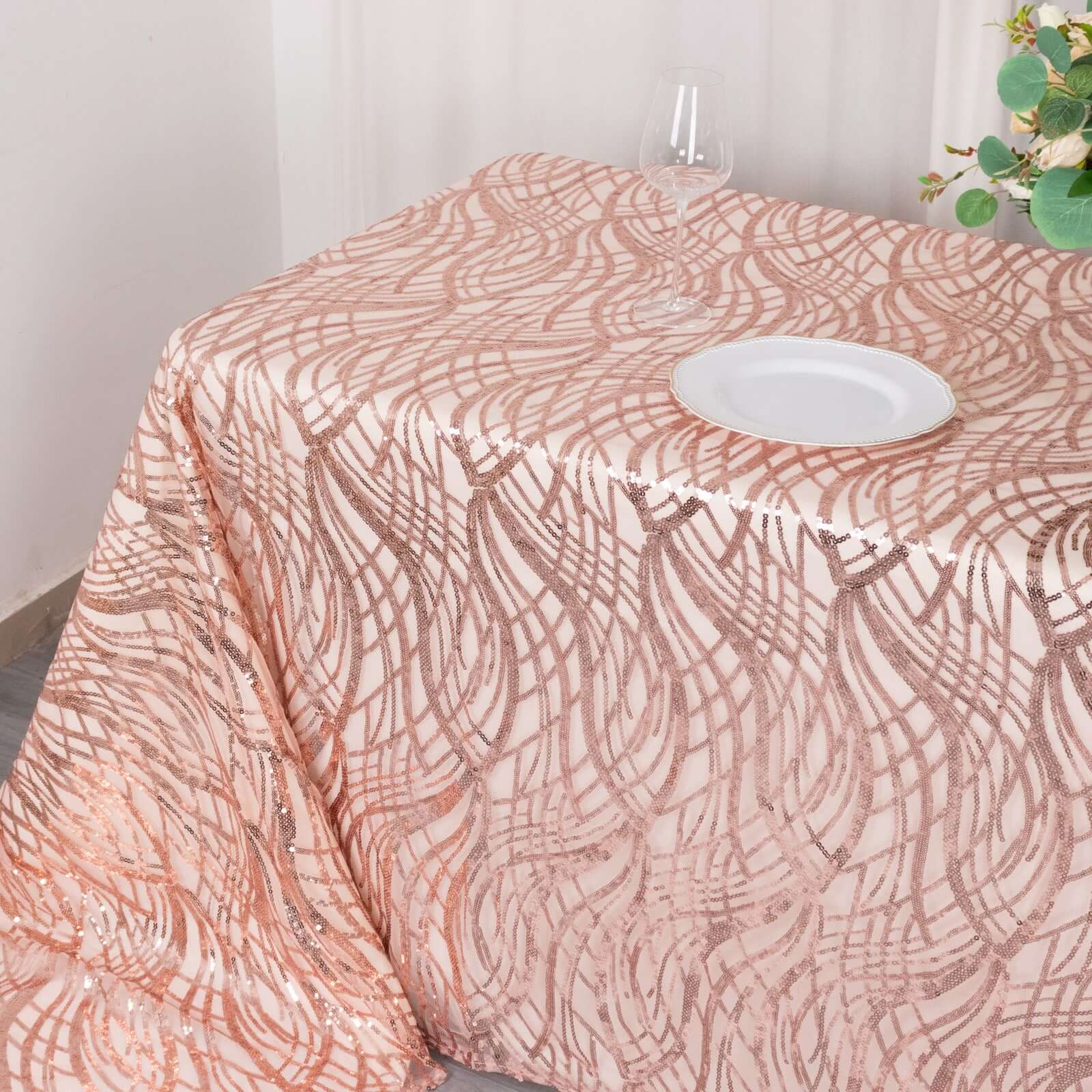 Mesh 90"x156" Rectangle Tablecloth Rose Gold - Wave Sequin Embroidered Table Cover