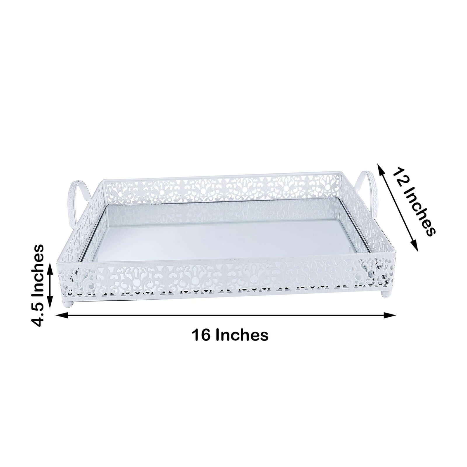 Metal Mirrored Rectangle Serving Tray 16"x12" in White Fleur De Lis Design with Handles, French Inspired Decorative Vanity Tray Centerpiece
