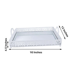 Metal Mirrored Rectangle Serving Tray 16"x12" in White Fleur De Lis Design with Handles, French Inspired Decorative Vanity Tray Centerpiece