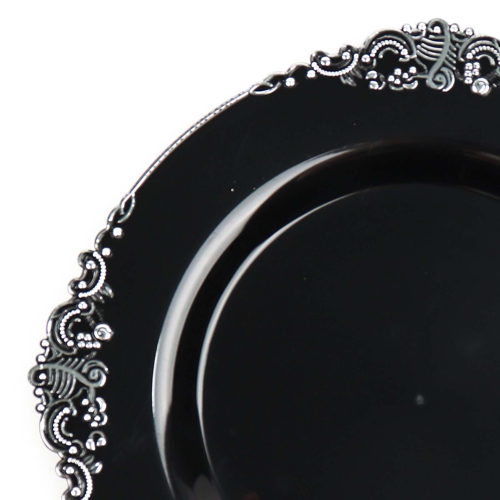 10-Pack Plastic 8" Round Dessert Plates in Black with Silver Leaf Embossed Rim - Disposable Vintage Baroque Style Salad Plates