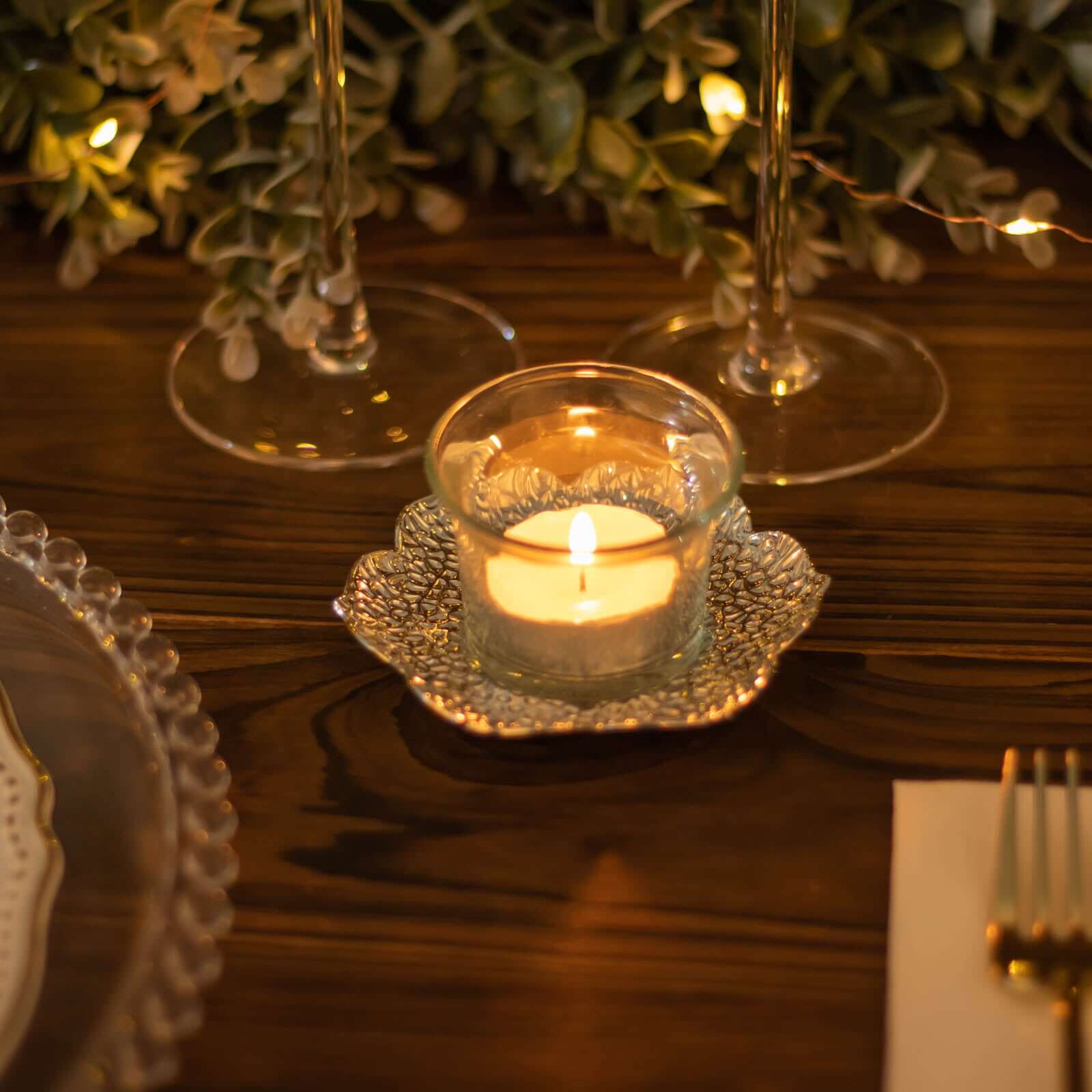 3-Pack Metal Votive Candle Holders Plum Blossom Design Shiny Silver - Vintage Mini Tea Cup Saucers 4"