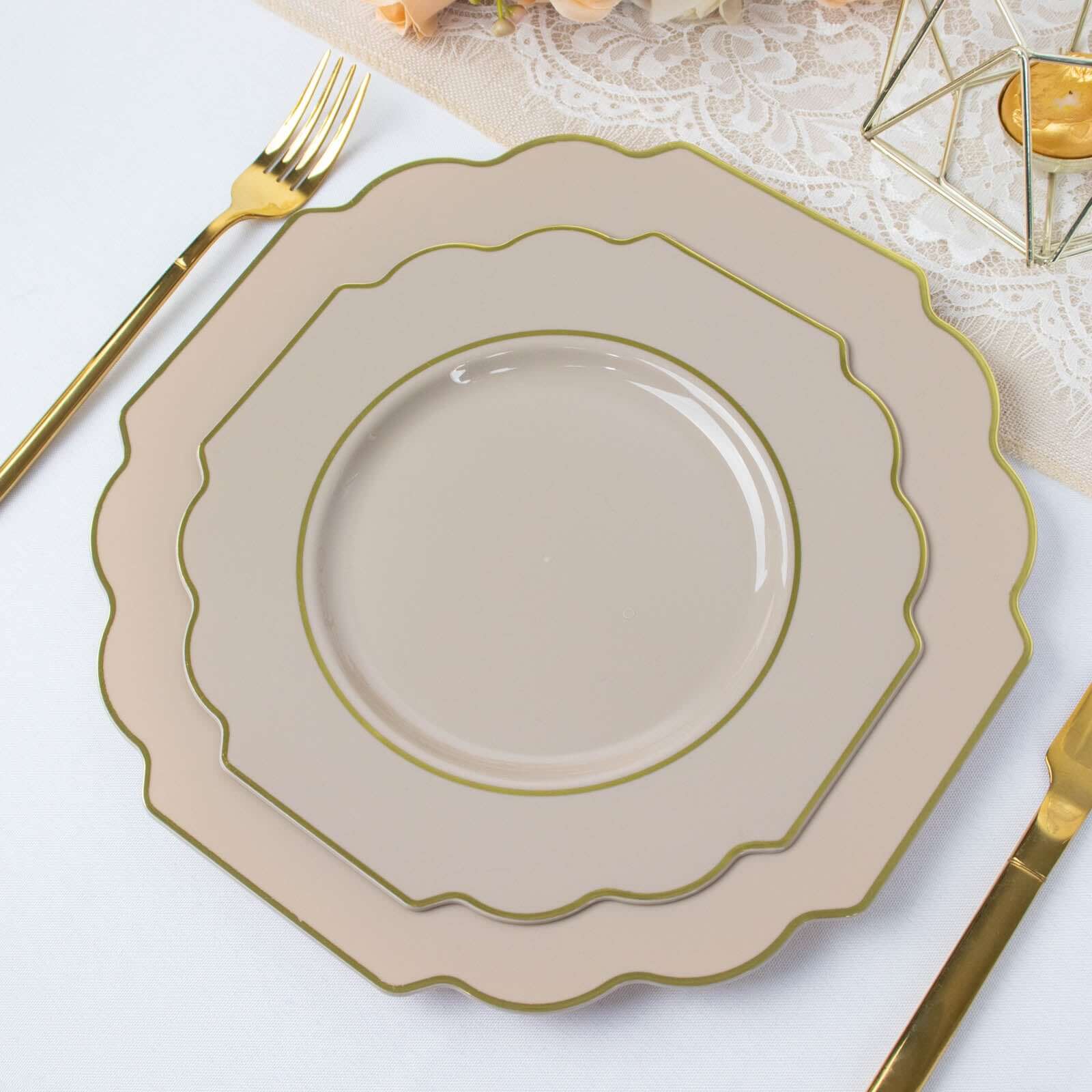 10-Pack Plastic Dessert Appetizer Plates in Taupe Baroque Design with Scalloped Gold Rim - Heavy Duty Disposable Salad Plates 8"