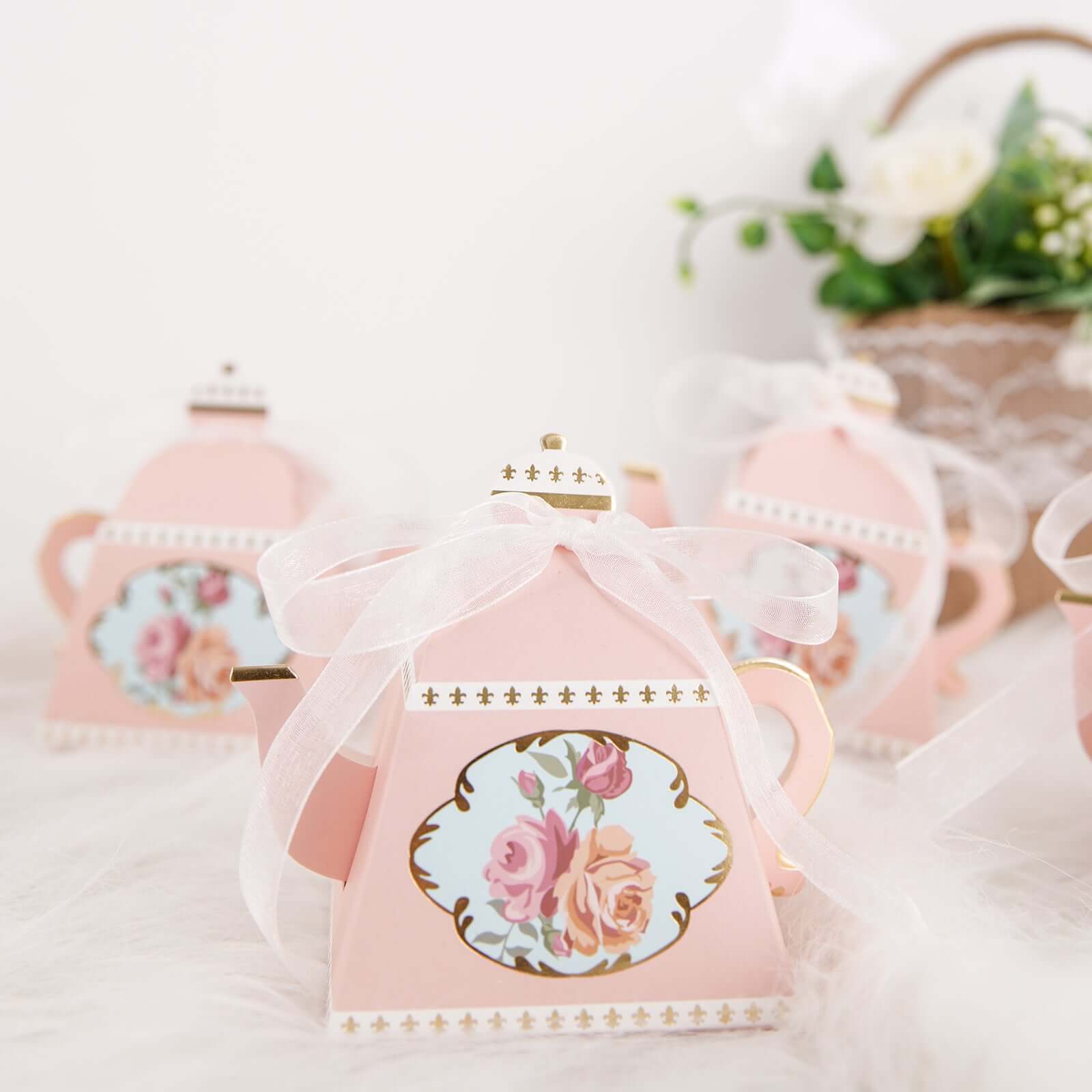 25 Pack 4" Dusty Rose Mini Teapot Favor Boxes, Vintage Rose Gift Boxes with Ribbons