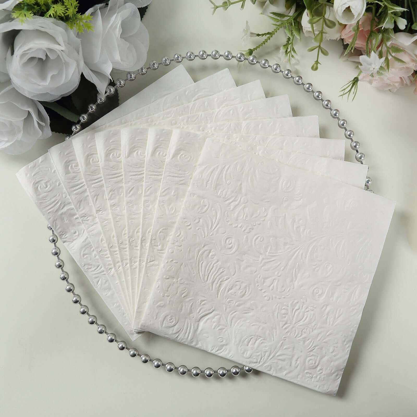 50-Pack Paper Cocktail Napkins with Embossed French Swirl Pattern White - Soft 2 Ply Beverage Napkins for Events 6.5"x6.5"