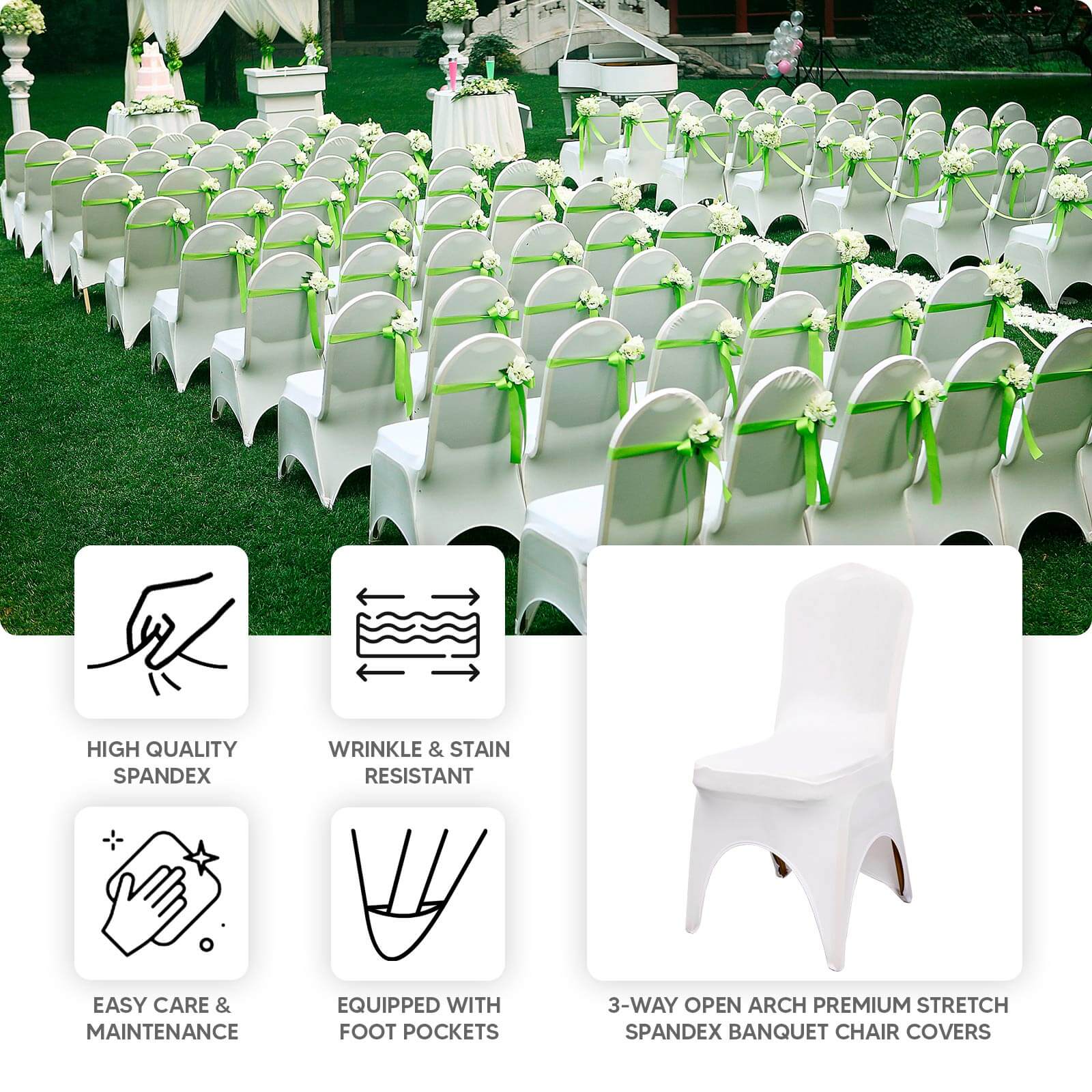 Premium Stretch Spandex Chair Cover for Banquet Chairs White - Durable Fitted 160GSM Fabric with 3-Way Open Arch & Foot Pockets