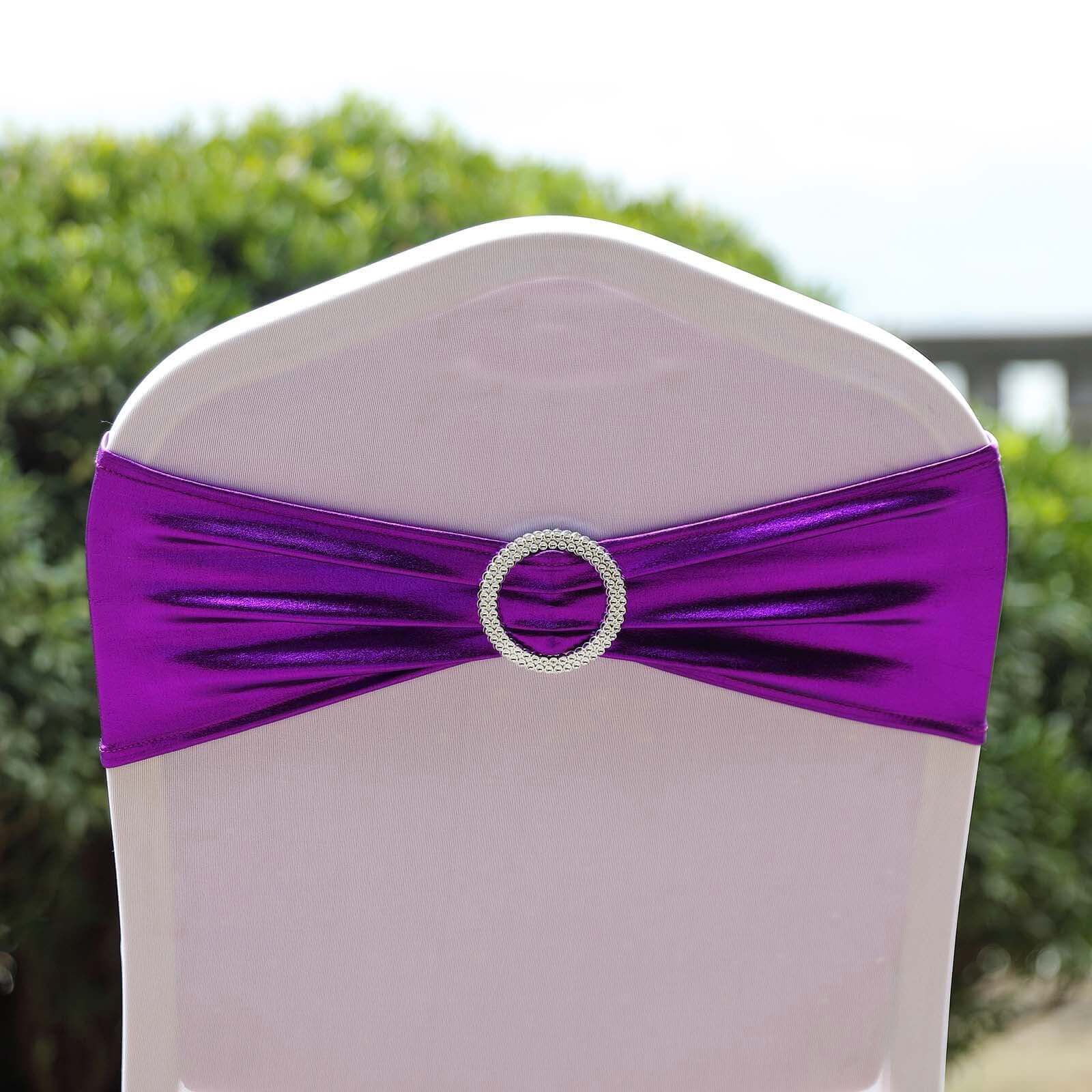 5 Pack Metallic Spandex Chair Sashes Purple - Stretch Fit Chair Bands With Round Diamond Buckles