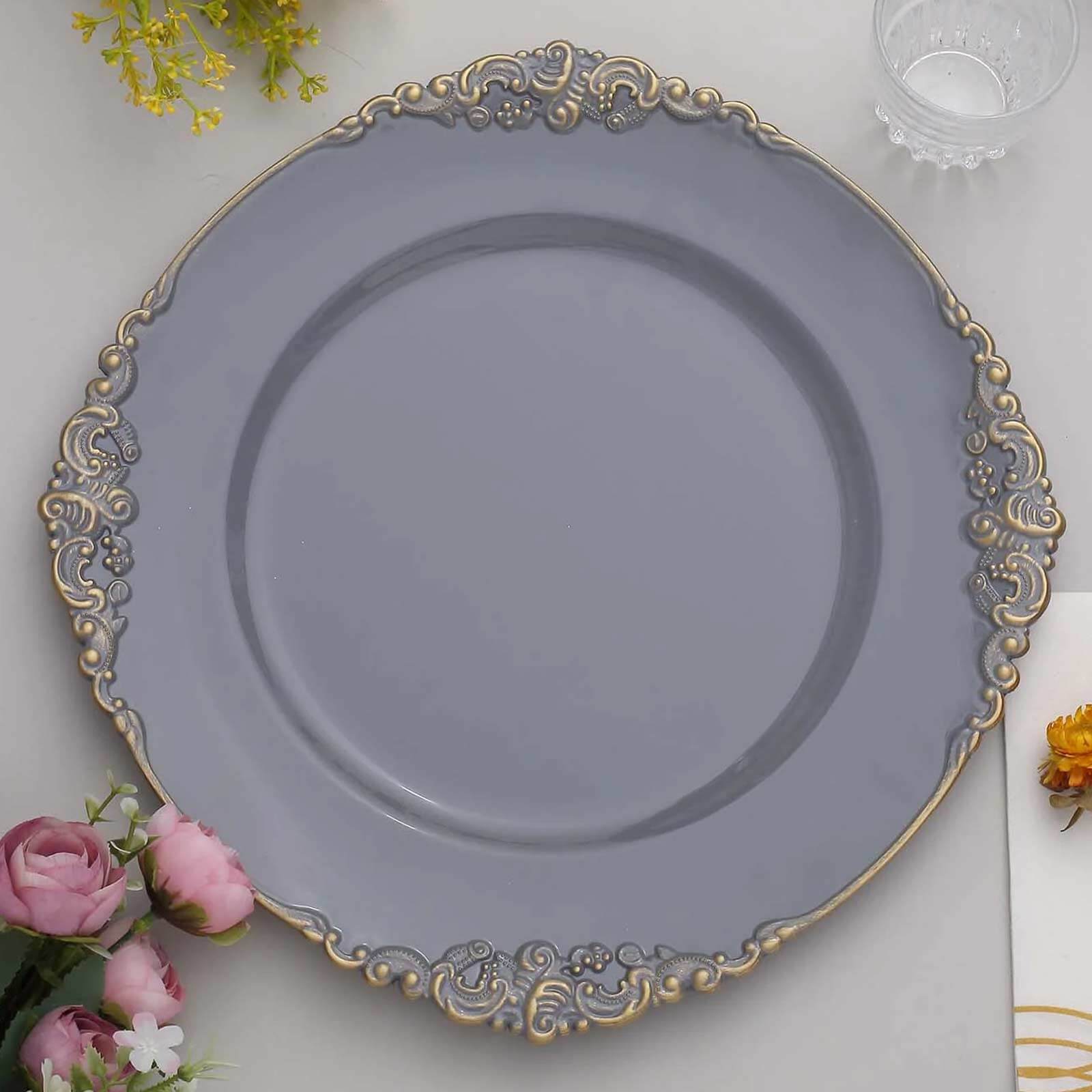 6-Pack Acrylic Round Charger Plates 13" in Charcoal Gray with Gold Embossed Baroque Rim, Antique Decorative Dinner Party Charger Tableware