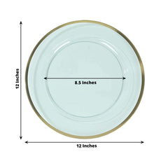 10-Pack Economy Plastic Round Charger Plates 12" in Transparent Blue with Wide Gold Rim, Decorative Dinner Party Serving Plates