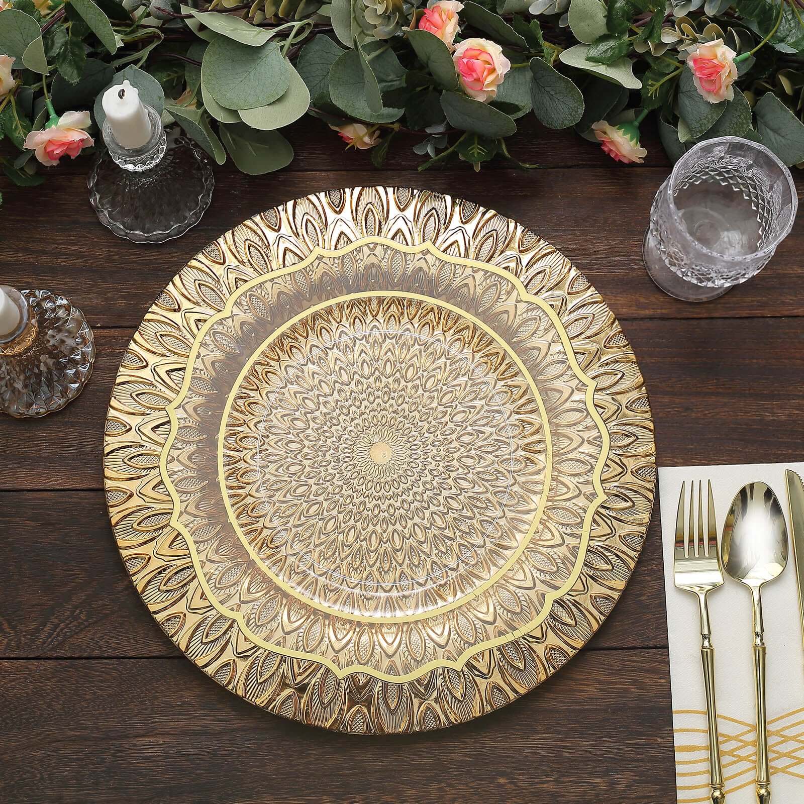 6-Pack Plastic Round Charger Plates 13" in Gold with Embossed Peacock Pattern, Stylish Disposable Charger Tableware