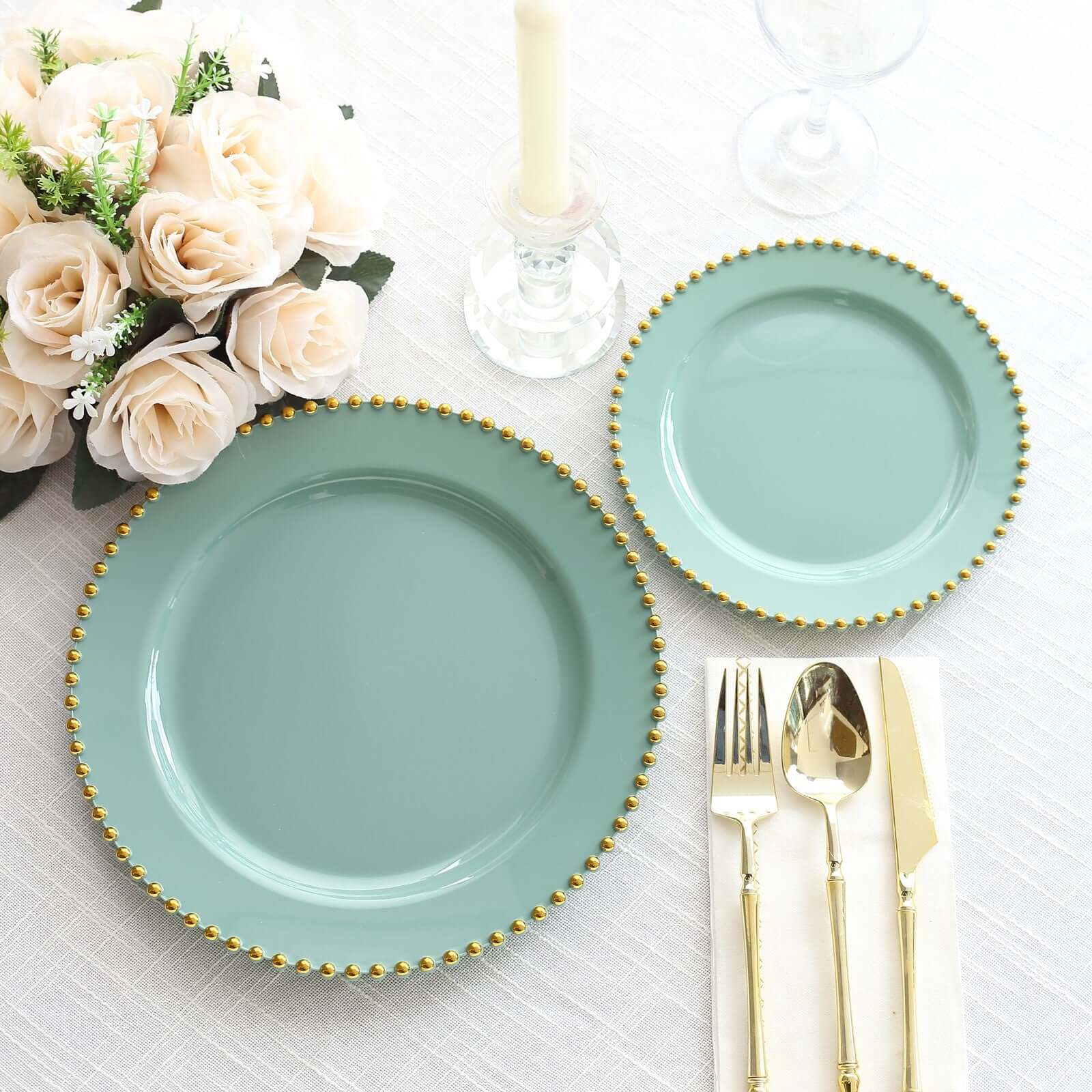 10-Pack Plastic 10" Round Dinner Plates in Dusty Sage Green with Gold Beaded Rim - Disposable Party Plates for Banquets & Festive Occasions