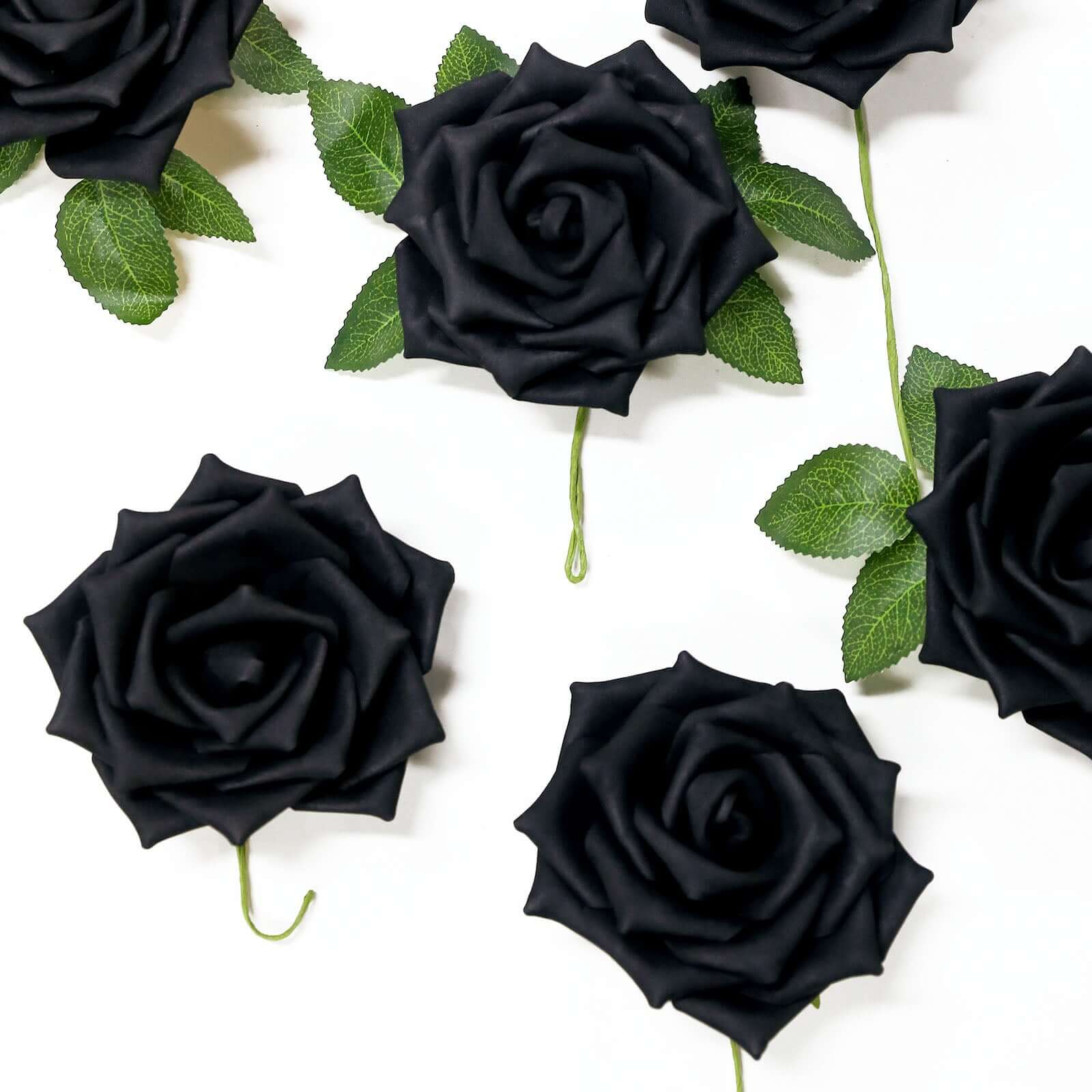 24 Roses 5" Black Artificial Foam Flowers With Stem Wire and Leaves