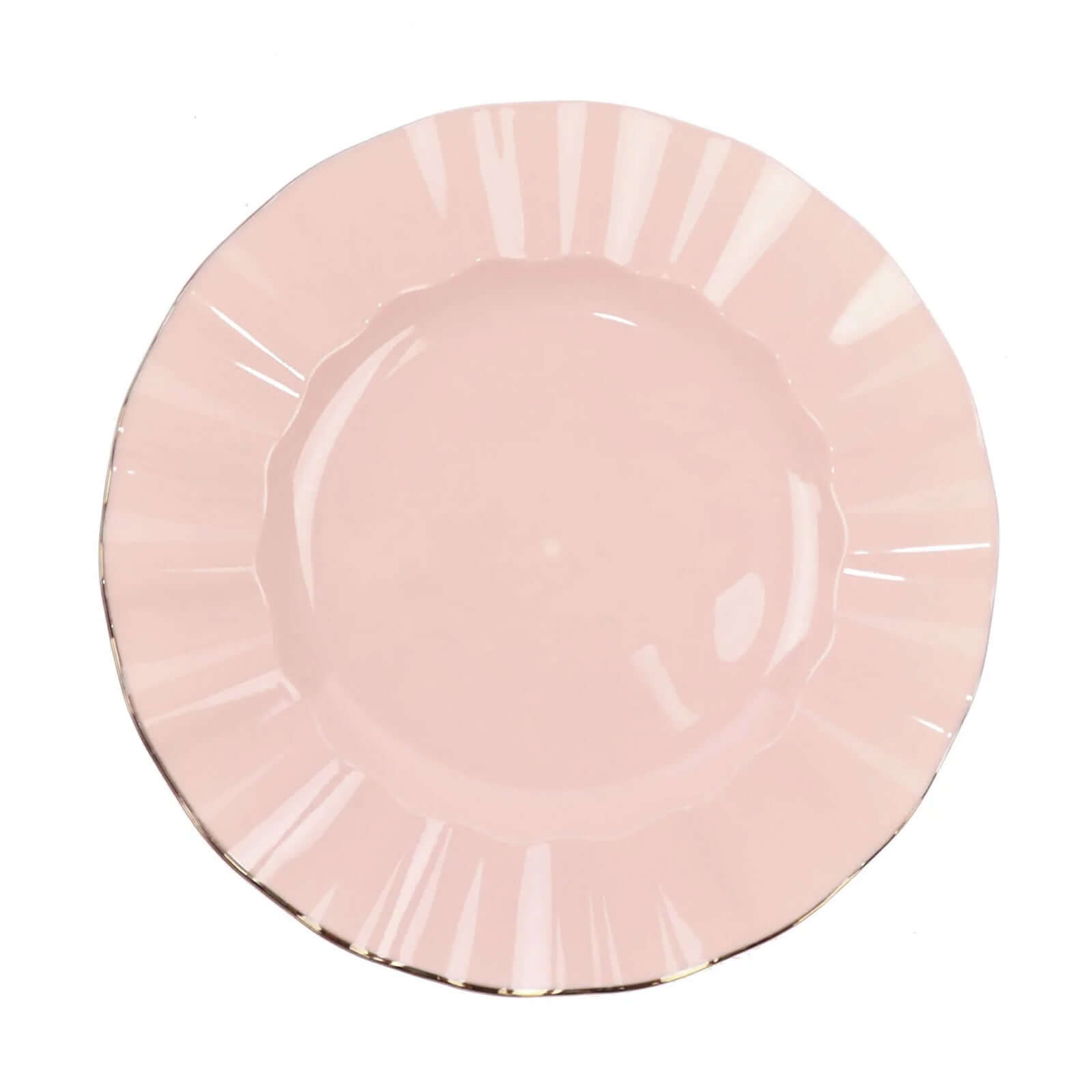 10-Pack Plastic 11" Round Dinner Plates in Blush Ruffled Rim with Gold Edging - Sturdy Disposable Dinnerware