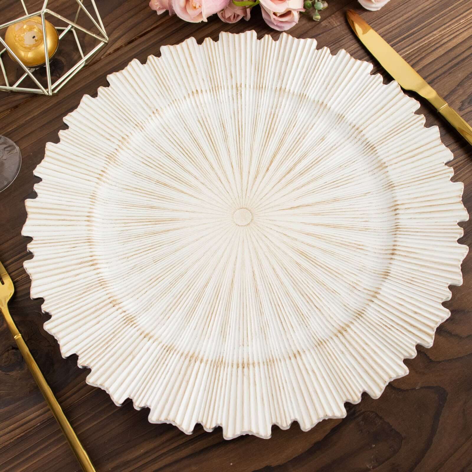 6-Pack Acrylic Plastic Round Charger Plates 13" in Antique White with Sunray Scalloped Rim, Decorative Dinner Party Charger Tableware