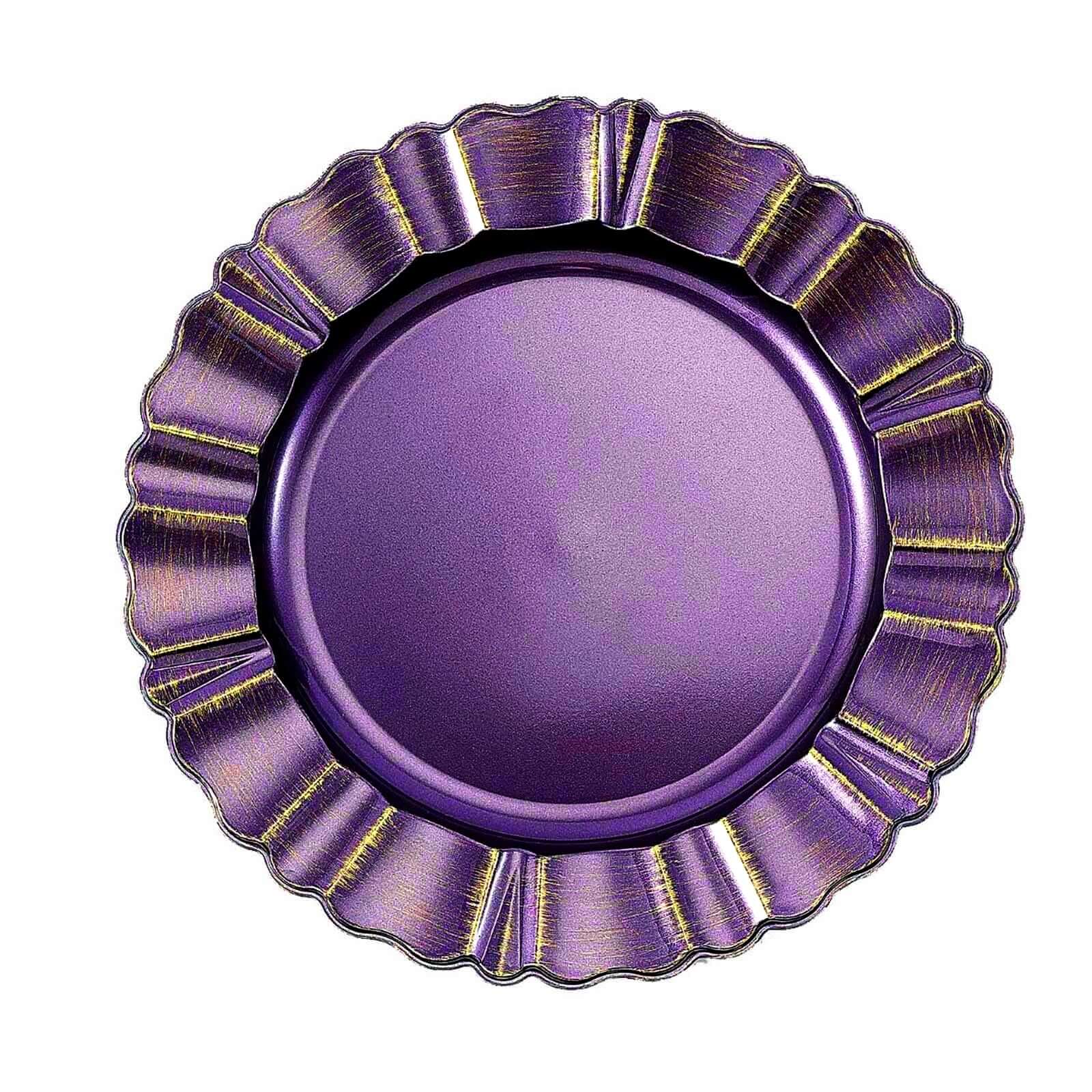 6-Pack Acrylic Plastic Round Charger Plates 13" in Purple with Gold Brushed Wavy Scalloped Rim, Decorative Dinner Party Charger Tableware