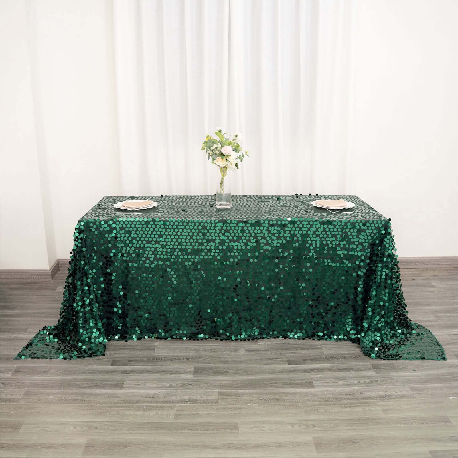 Sequin 90"x132" Rectangle Tablecloth Hunter Emerald Green - Seamless Big Payette Table Cover