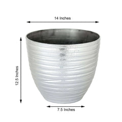 12" Metallic Silver Textured Finish Large Indoor Flower Plant Pot, Decorative Indoor Outdoor Planter