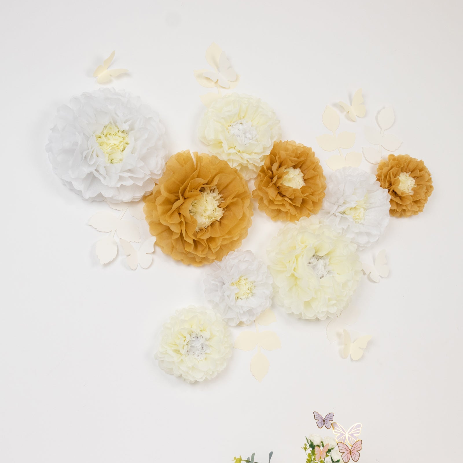 Set of 21 Tissue Paper Flowers Pom Poms Decor Kit – White Ivory 3D Chrysanth Floral Wall Decor with Butterflies & Olive Leaves - 8",10",12"