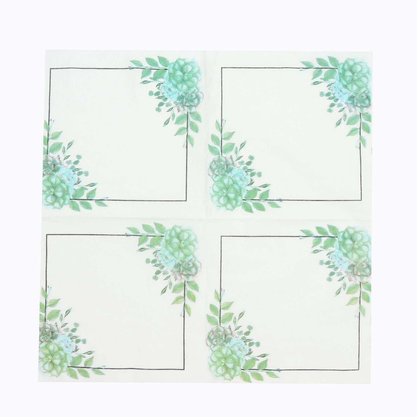 20-Pack Paper Dinner Napkins with Floral Design White/Green - Disposable 2 Ply Beverage Napkins 6.5"x6.5"