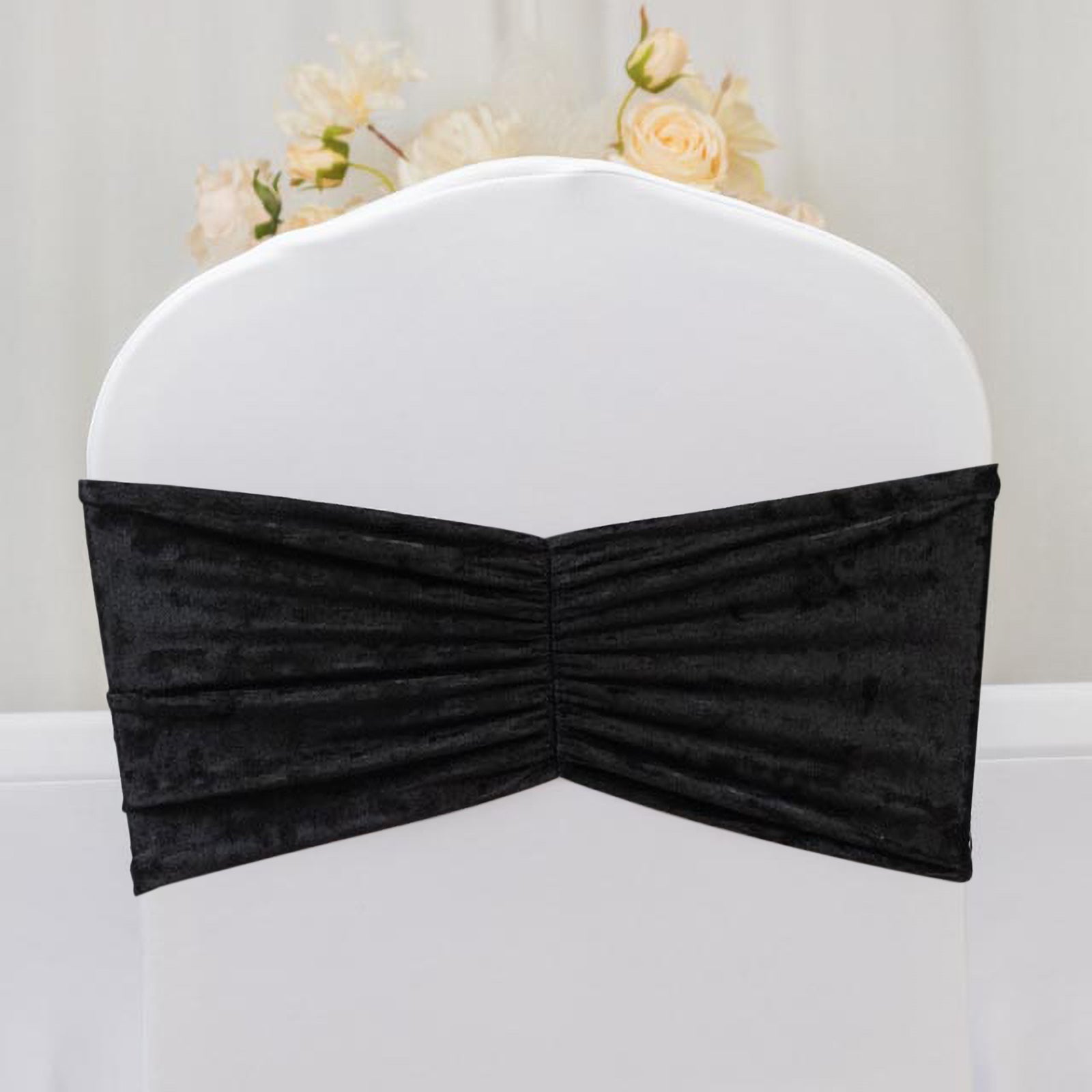 5 Pack Crushed Velvet Chair Bands Black Wide Ruffle Style - Textured Chair Sashes for Stunning Event Decor - 8"x15"