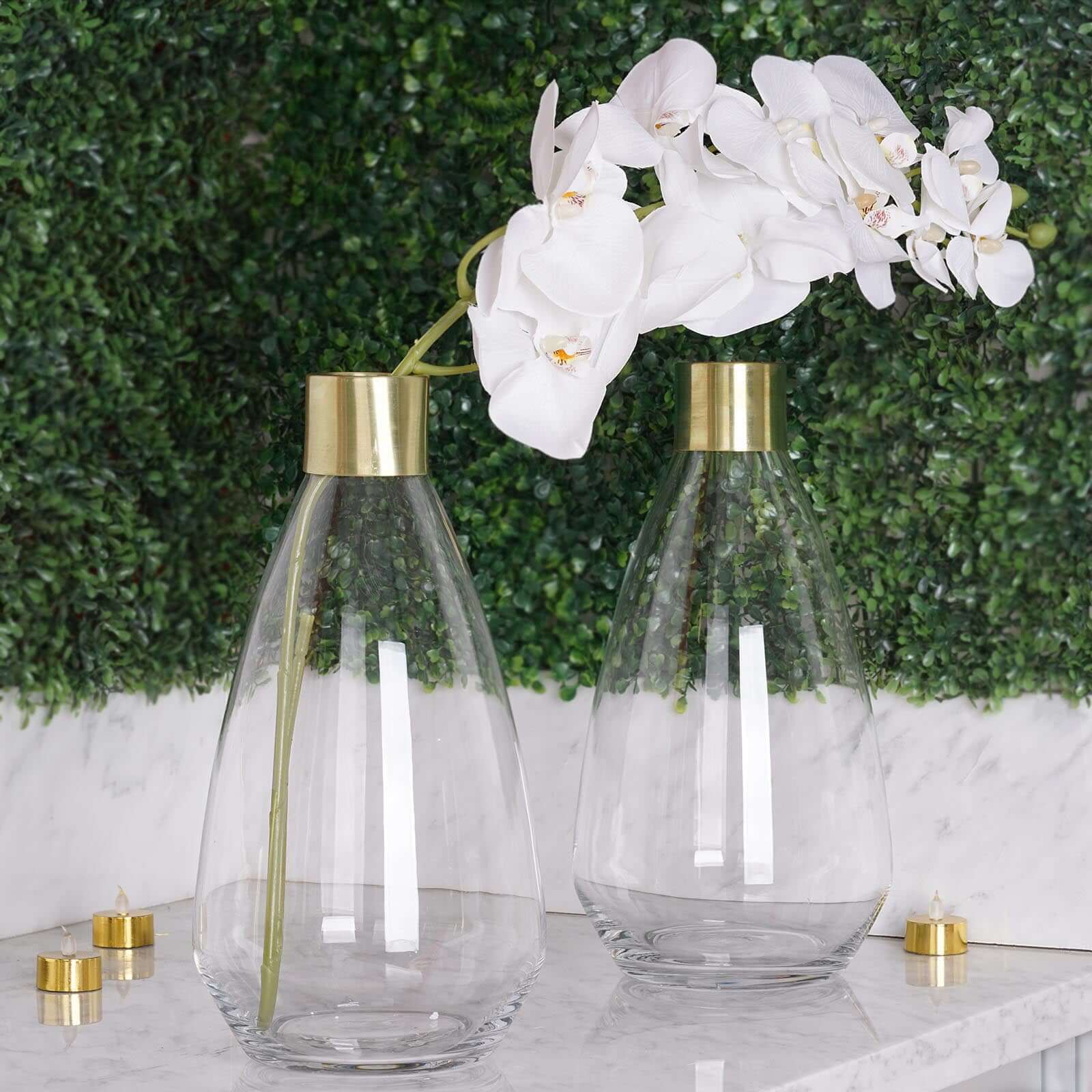 2-Pack Glass Flower Vases Teardrop Design Clear with Gold Metal Top - Stylish Event Table Centerpieces 14"