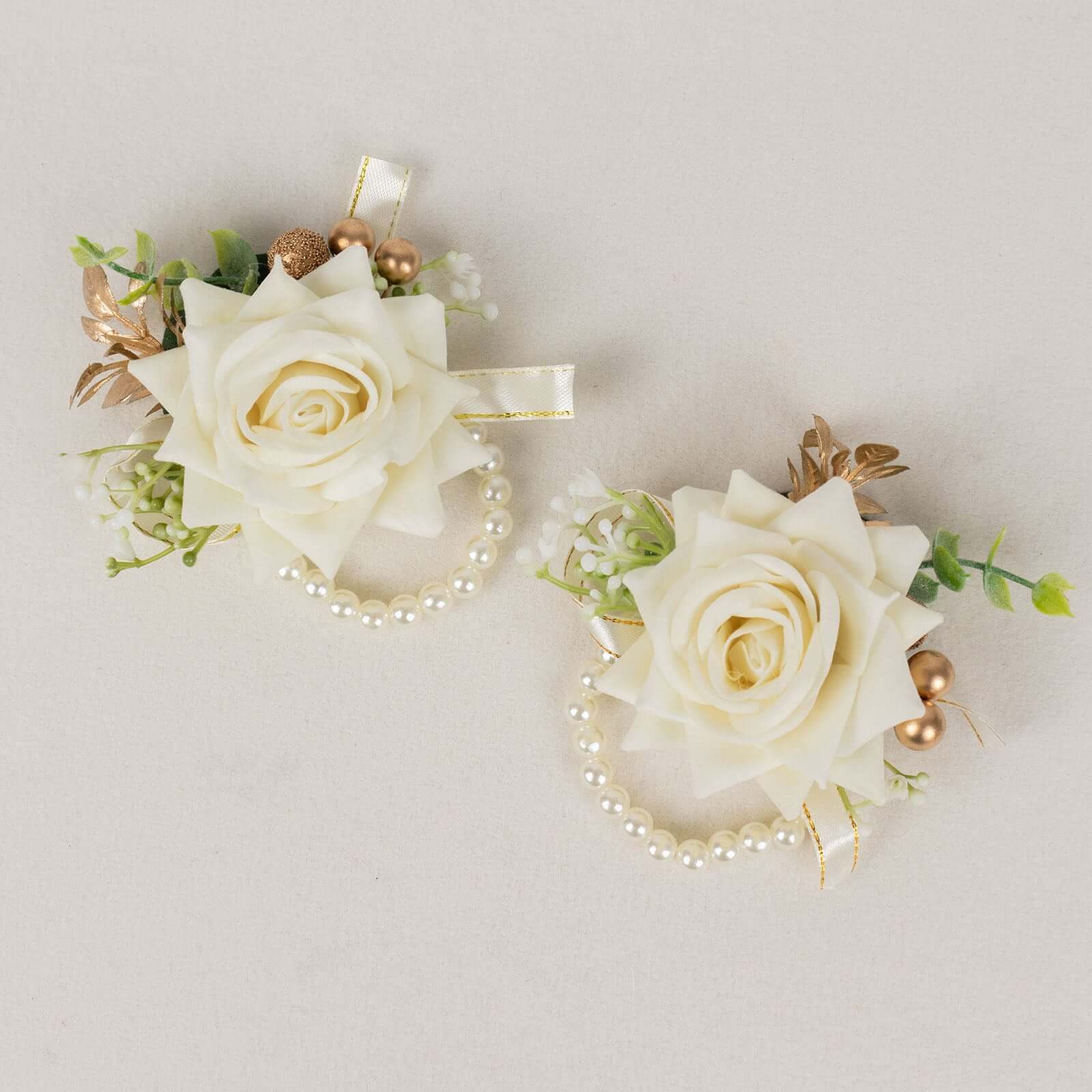 2 Pack White Artificial Rose Wrist Corsages With Pearls, 4" Flower Bracelet Wedding Accessories