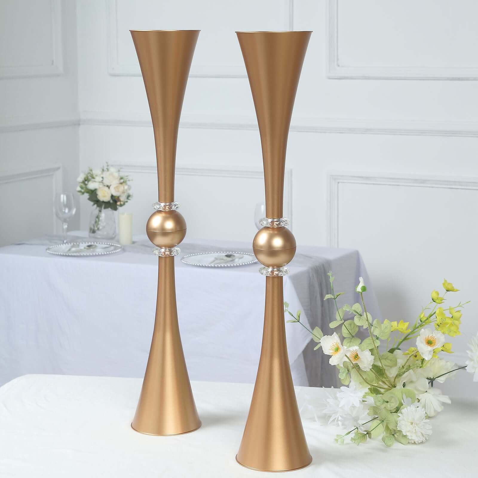 2 Pack 31" Shiny Gold Crystal Embellishment Trumpet Flower Vase, Reversible Plastic Table Centerpiece