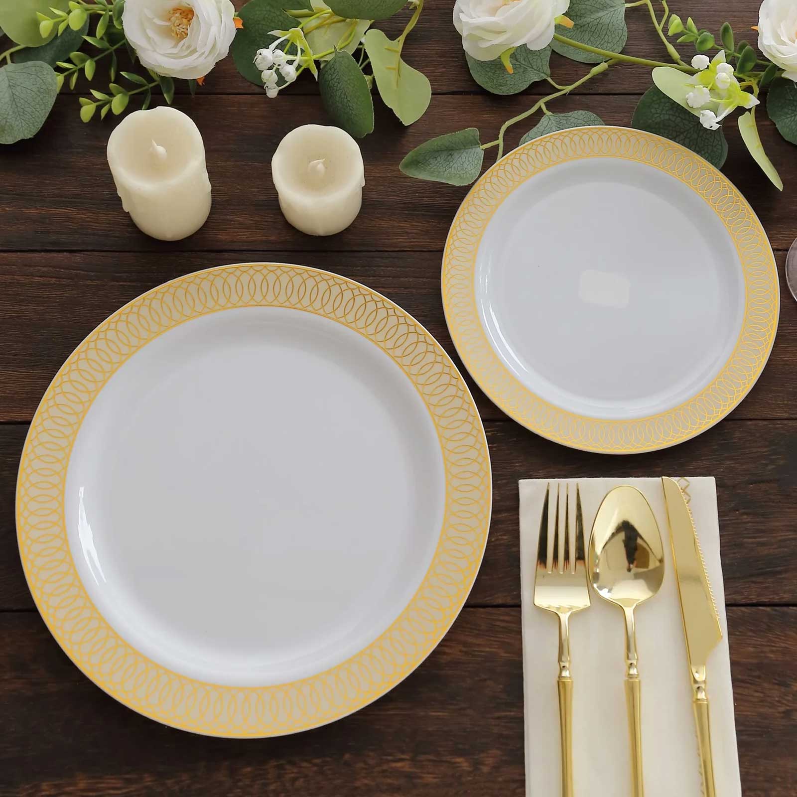 10-Pack Plastic Round Dinner Plates 10" White with Beige Gold Spiral Rim - Chic Disposable Party Plates