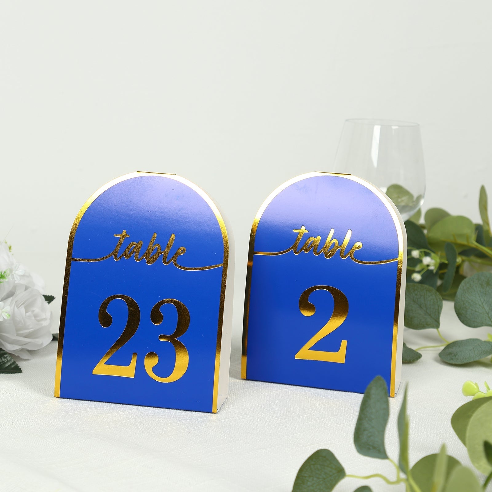 25-Pack 7" Disposable Table Numbers, Royal Blue Free Standing Double Sided Table Number Place Cards with Metallic Gold Foil Numbers 1-25