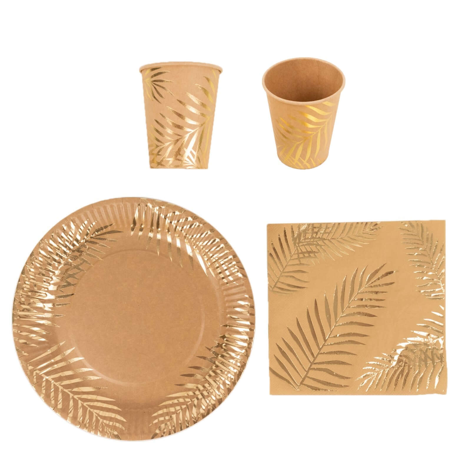 72 Pcs Paper Dinnerware Set with Gold Foil Palm Leaves Print Natural - Disposable Tableware Combo-Pack with Plates and Cups