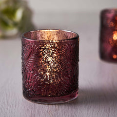 6-Pack Mercury Glass Candle Holders Burgundy Palm Leaf Design - Votive Tealight Holders for Events