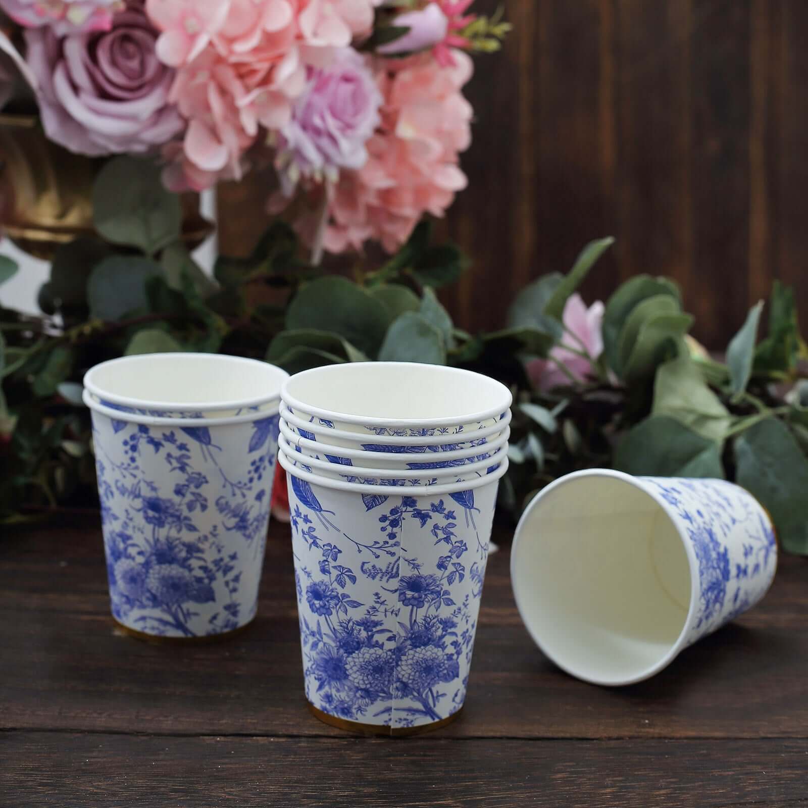 24 Pack Disposable Paper Cups in White Royal Blue French Toile Pattern with Gold Rim, Elegant Party Cups - 9oz