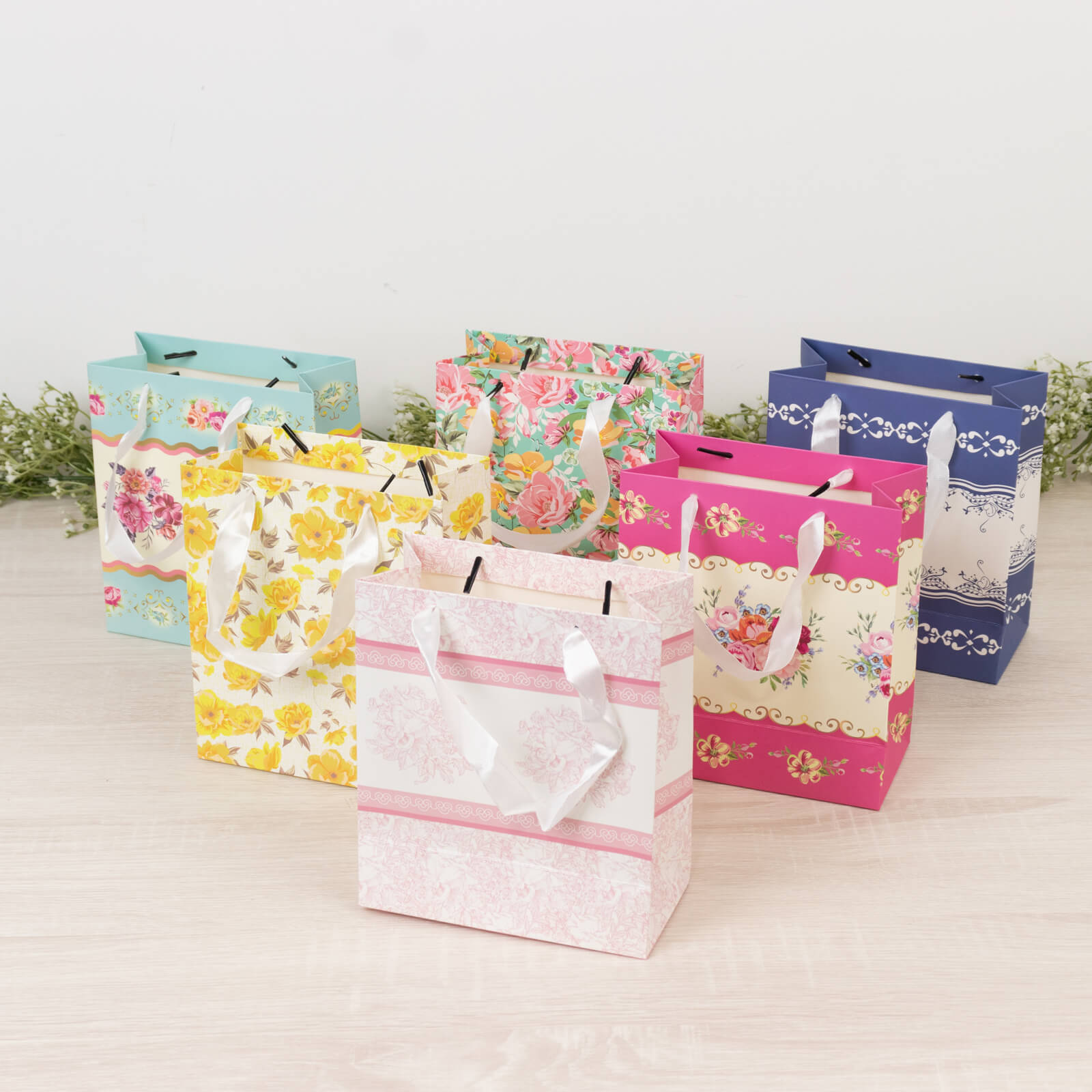 12-Pack Favor Bags Mixed Vintage Floral Tea Party – Paper Gift Bags with Ribbon Handles - Elegant Goodie Bags - 6"x7"x3"