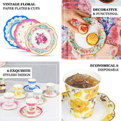 24-Pack Paper Cup and Saucer Set in Mixed Vintage Floral Print - Disposable Tea Party Supplies Kit for Baby Showers & Birthdays